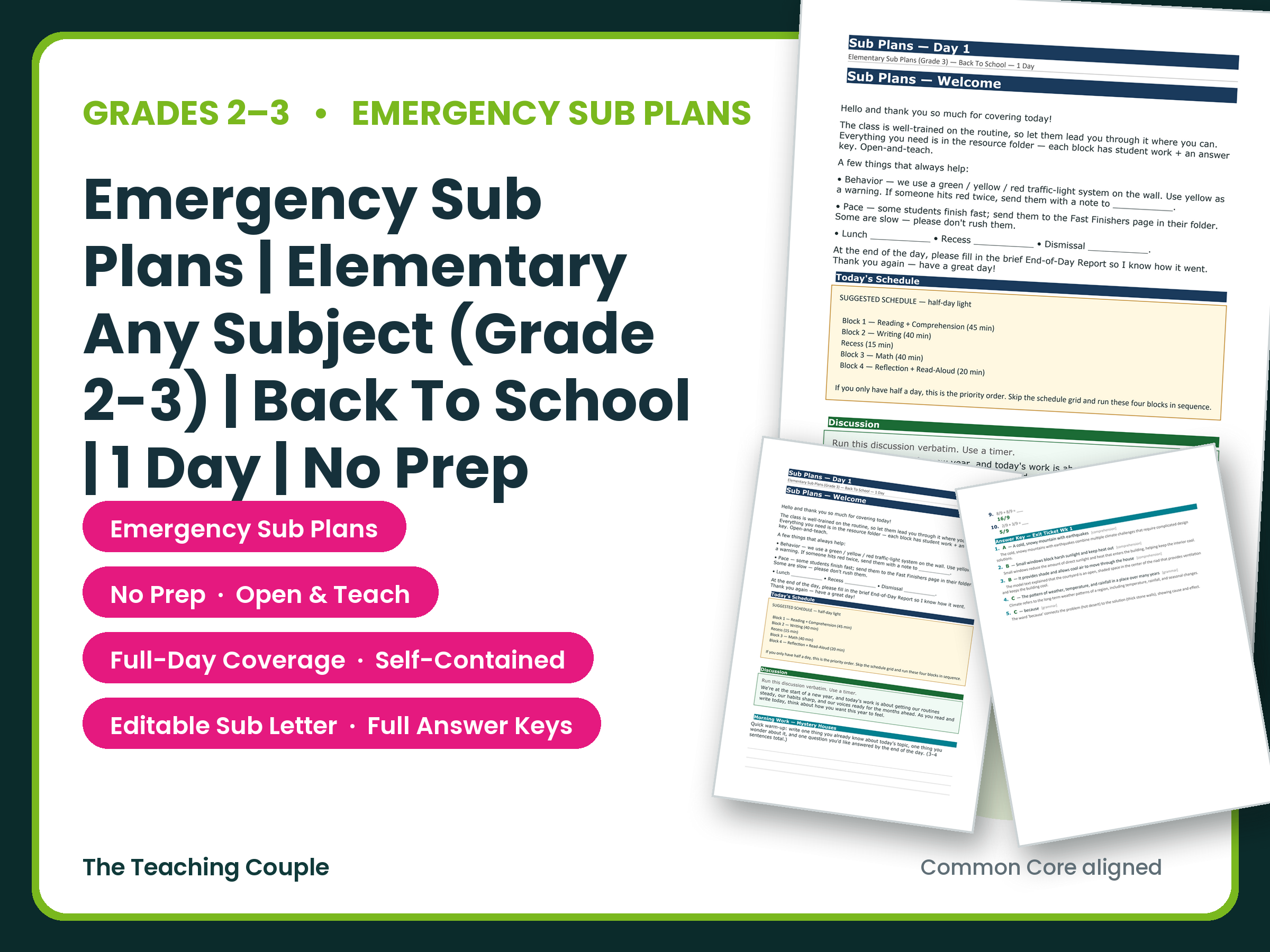 Emergency Sub Plans | Elementary Any Subject (Grade 2-… | Back To School | 1 Day